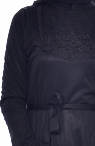 Dantelli Kuşaklı Elbise 1186-04 Siyah
