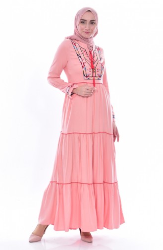 Embroidered Platted Dress 0075-04 Salmon 0075-04