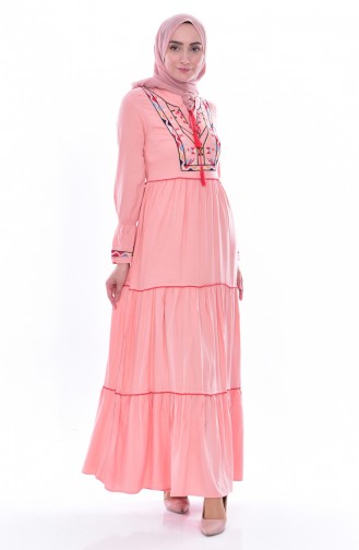 Embroidered Platted Dress 0075-04 Salmon 0075-04
