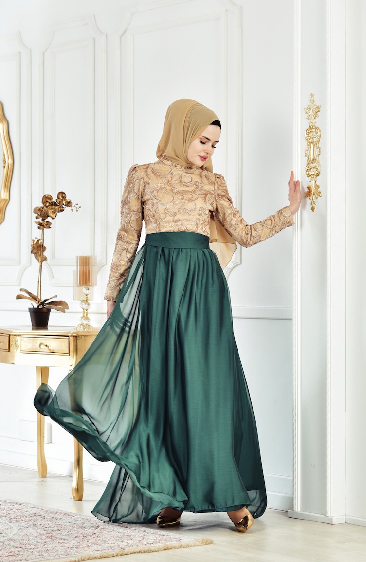 emerald green with gold dress