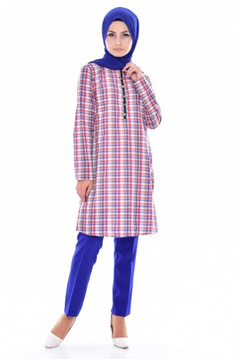 Doğal Kumaş Kareli Tunik 6061-02 Kırmızı 6061-02