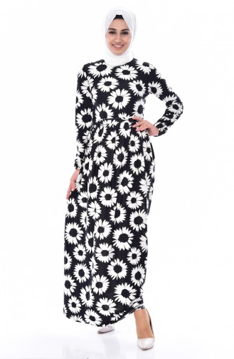 Papatya Desenli Elbise 7005-01 Siyah