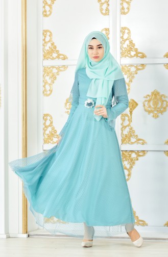 Kemerli Tül Elbise 8190-01 Çağla Yeşili 8190-01
