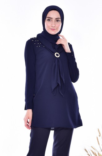 Blouse Perlées avec Broche 4069-07 Bleu Marine 4069-07