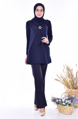 Blouse Perlées avec Broche 4069-07 Bleu Marine 4069-07