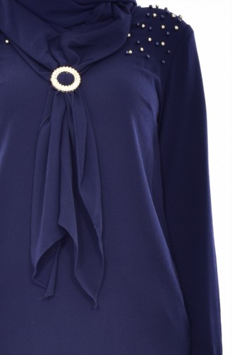 Blouse Perlées avec Broche 4069-07 Bleu Marine 4069-07