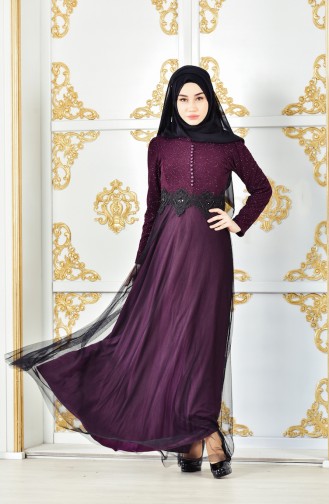 Plum Hijab Evening Dress 3837-04