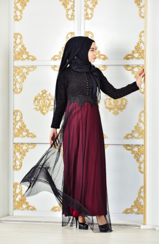 Glitzer Abendkleid mit Rundhalsausschnitt 3837-09 Schwarz Zwetschge 3837-09