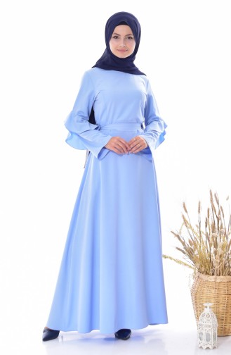 Kolu Volanlı Kuşaklı Elbise 5124-04 Bebe Mavisi