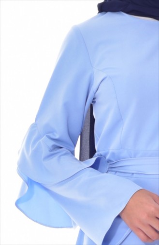 Kolu Volanlı Kuşaklı Elbise 5124-04 Bebe Mavisi