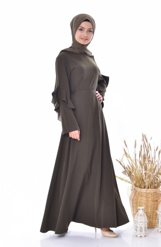 Kolu Volanlı Kuşaklı Elbise 5124-06 Haki