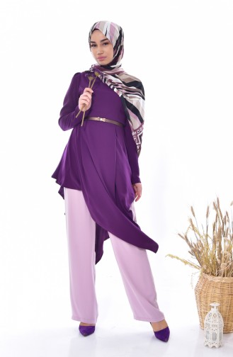 Kemerli Tunik Pantolon İkili Takım 0015-03 Mürdüm 0015-03