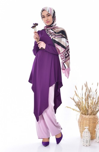 Kemerli Tunik Pantolon İkili Takım 0015-03 Mürdüm 0015-03