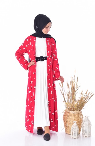 Çiçek Desenli Abaya 0217-01 Kırmızı 0217-01