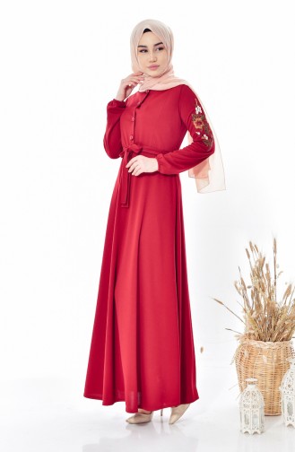 Embroidered Belted Dress 2021-05 Claret Red 2021-05