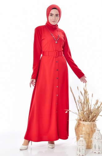 Kolyeli Kemerli Elbise 1864-07 Kırmızı 1864-07