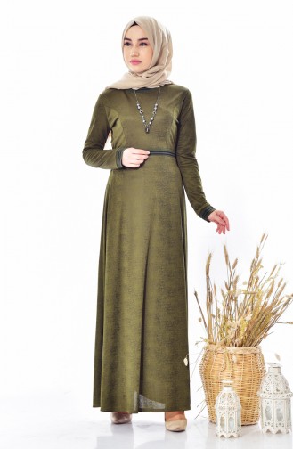 فستان بتصميم مُزين بقلادة 1865-01 لون أخضر كاكي 1865-01