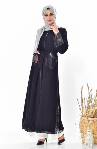Sequined Belted Abaya 7809-01 Black 7809-01