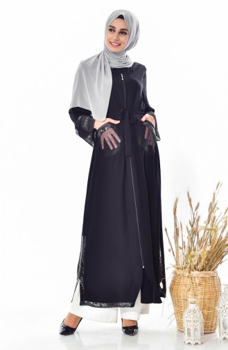 Sequined Belted Abaya 7809-01 Black 7809-01