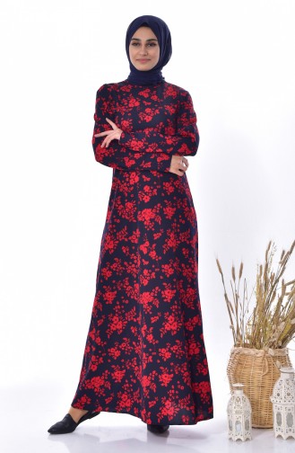 Desenli Elbise 0198-03 Lacivert Kırmızı