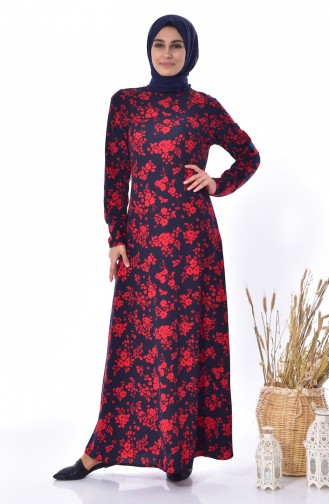 Desenli Elbise 0198-03 Lacivert Kırmızı