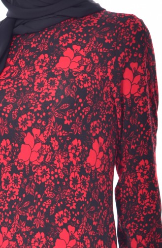 Desenli Elbise 0195-01 Siyah Kırmızı
