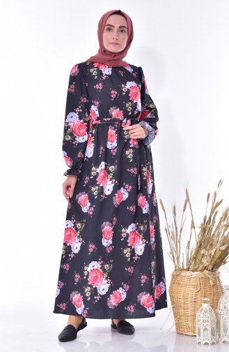 Çiçekli Elbise 4149-04 Siyah