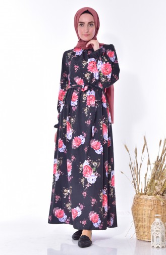 Çiçekli Elbise 4149-04 Siyah