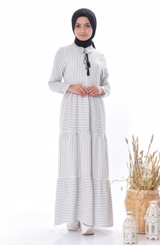 Çizgili Bağcıklı Elbise 1373-02 Beyaz