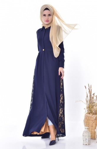 Abaya Détail Dentelle 28416-03 Bleu Marine 28416-03