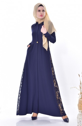 Abaya Détail Dentelle 28416-03 Bleu Marine 28416-03