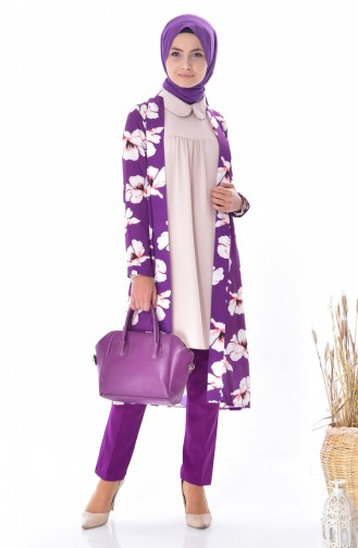 Floral Patterned Cardigan 0241-02 Purple 0241-02