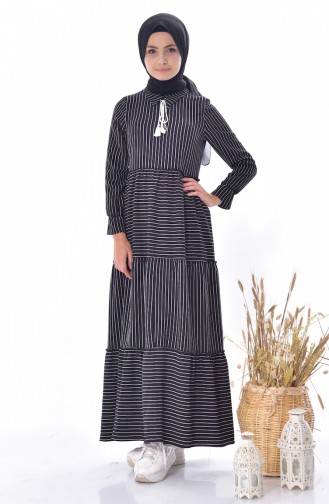 Çizgili Bağcıklı Elbise 1373-01 Siyah