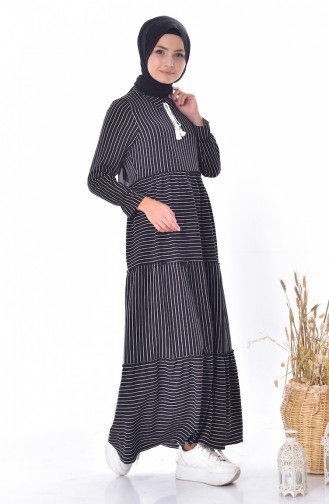 Çizgili Bağcıklı Elbise 1373-01 Siyah 1373-01