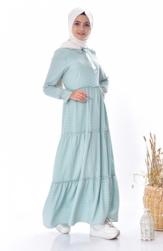 Çizgili Bağcıklı Elbise 1373-03 Su Yeşili
