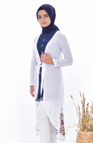 Patterned Belted Cardigan 1268-01 White 1268-01