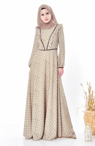 فستان بتصميم مُطبع مُزين الكشكش 28308-03 لون اخضر فُستقي 28308-03