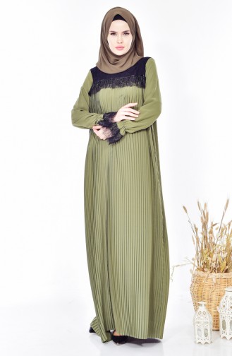 فستان بتصميم طيات مُزين بالدانتيل 28328-05 لون اخضر كاكي 28328-05