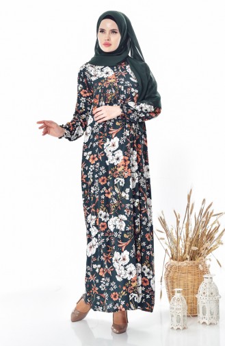 Blumen Gemustertes Kleid 4005B-02 Dunkel Grün 4005B-02