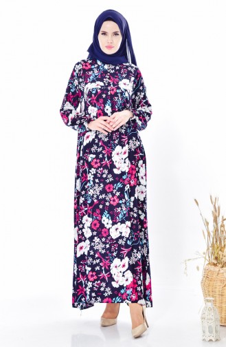 Blumen Gemustertes Kleid 4005B-01 Dunkelblau 4005B-01