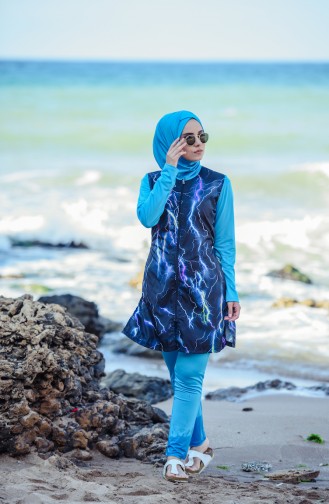 Bedruckter Hijab Badeanzug 1864-01 Blau 1864-01