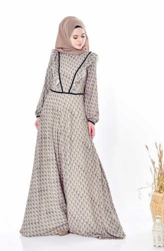 فستان بتصميم مُطبع مُزين الكشكش 28308-02 لون اخضر زُمردي 28308-02