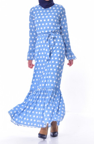Puantiyeli Kuşaklı Elbise 60644-02 Mavi