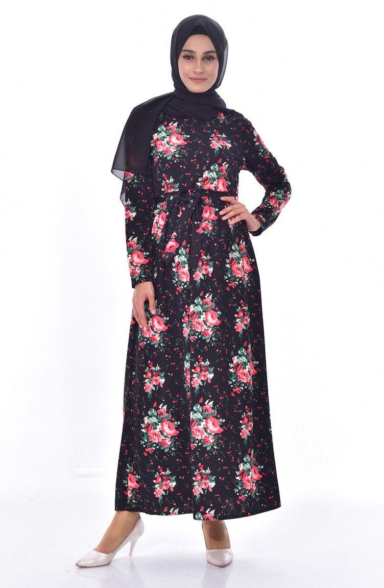 A 01 Fleurs Ceinture 5040a Et Noir Motifs Robe Rouge 8wm0NOyvn