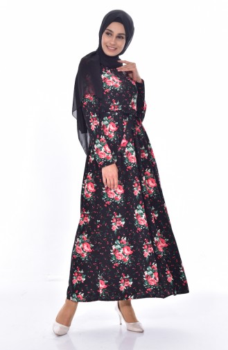 EFE Floral Pattern Belted Dress 5040A-01 Black Red 5040A-01