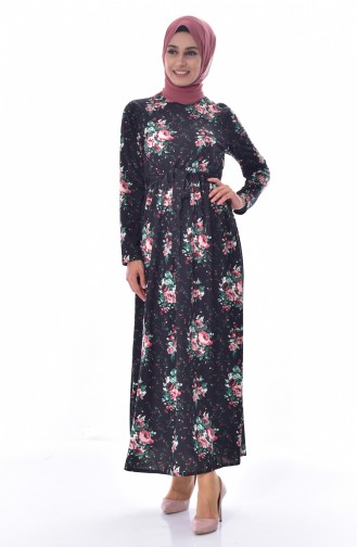Floral Pattern Belted Dress 5040A-04 Black Powder 5040A-04