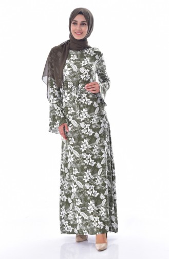 Floral Pattern Belted Dress 0301-01 Khaki Green 0301-01
