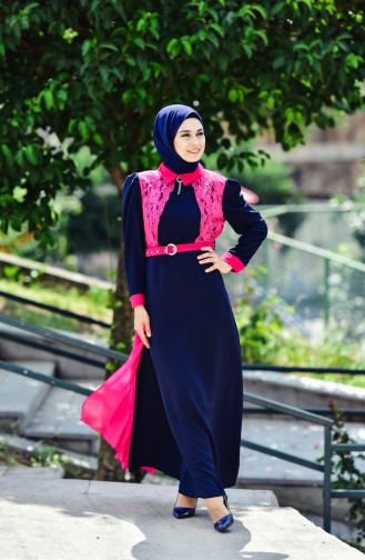 Frilly Belt Dress 0197-05 Navy Blue 0197-05