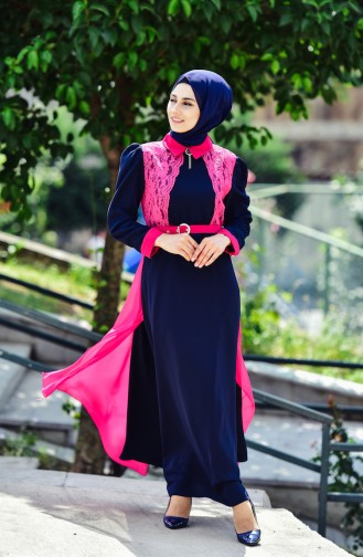 Frilly Belt Dress 0197-05 Navy Blue 0197-05