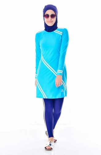 ملابس سباحة للمحجبات بتصميم مُخطط 1007-04 لون تركواز 1007-04